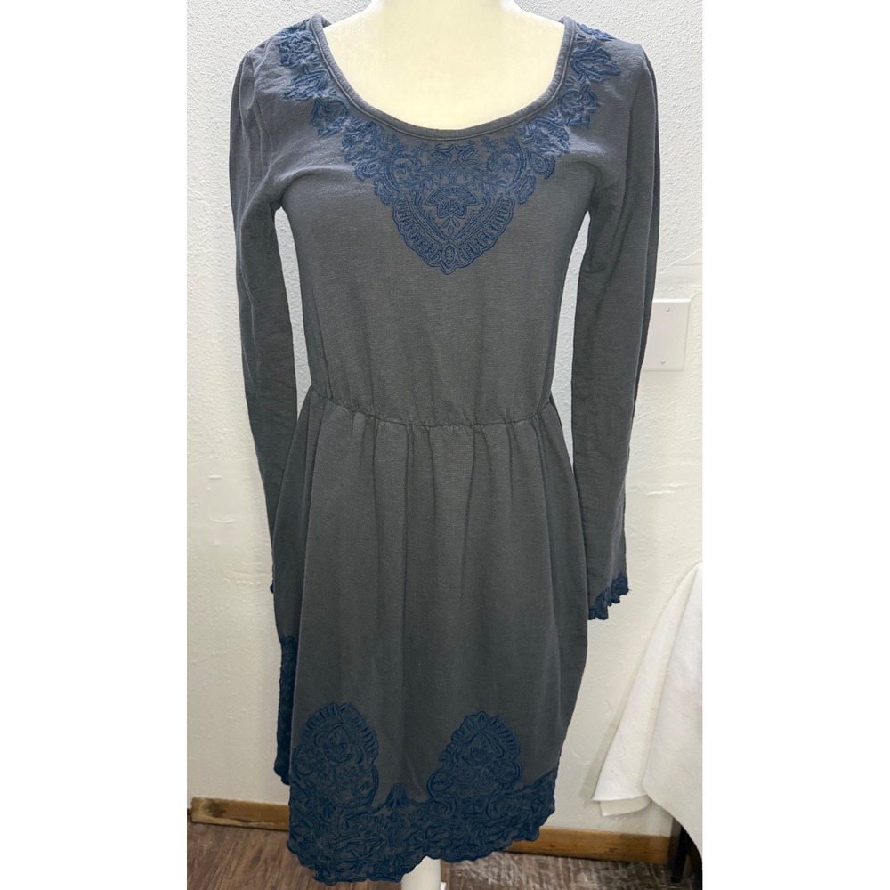 Saturday Sunday Anthropologie Gray Embroidered Long Sleeve Dress Small